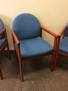 lot 8 image: Pair High Quality Krug Furniture Blue Upholstered & Wood Guest Side Arm Chairs - Good Sturdy Condition