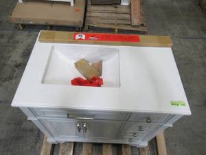 lot 116 image: Home Decorators Collection Melpark 36 in. W x 22 in. D Bath Vanity in Dove Grey with Cultured Marble Vanity Top in White with White Sink Melpark 36G