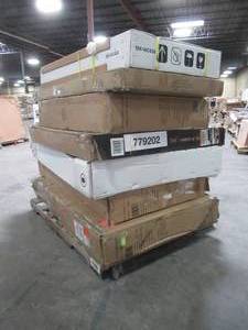 lot 206 image: WHOLESALE MIXED PALLET OF SHOWER WALLS, BASES, LARGE MEDICINE MIRROR CABINETS AND MORE