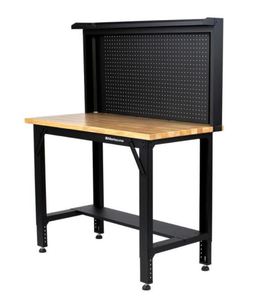 lot 95 image: Montezuma 4ft Adjustable Height Steel Workbench with Pegboard Backwall MWB482454B - NEW