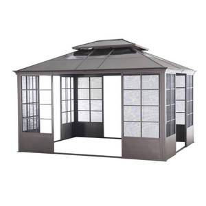 lot 6 image: Sunjoy Sprague 12 ft. x 14 ft. Brown Steel Screenhouse with 2-tier Hardtop, A108000100 - In Nice Condition
