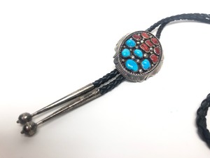 lot 20 image: Large Vintage Southwestern Sterling Silver Bolo Tie w Inset Turquoise & Red Coral