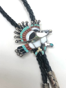 lot 21 image: Signed Southwestern Zuni Inlaid Sterling Silver Flying Eagle Bolo Tie by Charlene Dishta