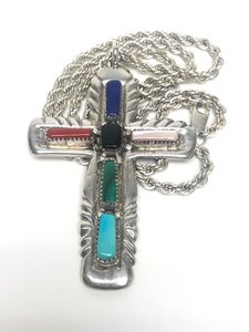 lot 22 image: LARGE Signed Vintage 1950s-60s Era LUPE IULE Southwestern Sterling Silver Cross Pendant wStones