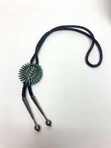 lot 25 image: Signed Vintage Inlaid Turquoise Sterling Silver Squash Blossom Bolo Tie
