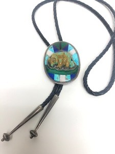 lot 26 image: Excellent Vintage Inlaid Zuni Bear Design Southwestern Sterling Silver Bolo Tie