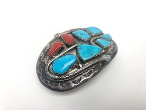 lot 27 image: Large Vintage Signed EFFIE C. Southwestern Sterling Silver Turquoise & Red Coral Belt Buckle