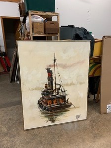 lot 30 image: HUGE Vintage Mid Century Signed Oil on Canvas LEE REYNOLDS Steamboat Painting