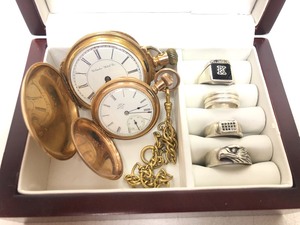 lot 9 image: Estate Group of Mens Sterling Silver RingsWedding Bands & Antique Pocket Watches