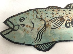 lot 39 image: 2 Original Old Vintage Folk Art Fish CampLodge Tin Signs