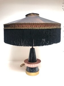 lot 42 image: Vintage Mid Century Ceramic Table Lamp wLARGE Tasseled Shade