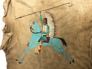 lot 82 image: Great Looking Hand Made Signed Brain Tanned Native American Warrior Painted Animal Hide