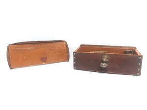 lot 109 image: Antique Bone & Wood Domino Sets wEmbossed Leather Patriotic American Eagle Logo