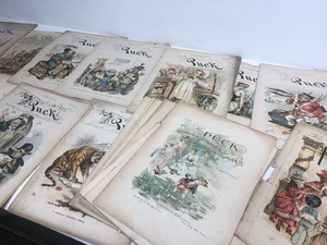 lot 113 image: Large Lot of Antique 1890s Large Size PUCK Political Magazines FULL of Large Full Color Comical Lithos