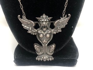 lot 116 image: Large Antique Sterling Silver Gargoyle Pendant Necklace