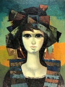 lot 120 image: Signed Mid Century Big Eye Oil on Canvas Painting Mimi by Listed Artist Ramon Montini