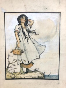 lot 143 image: Antique 1910s Original Illustration Artwork by Ethel H. Clausen - Girl wBasket