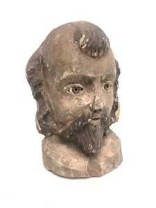 lot 168 image: Early Antique Carved Painted Wood Bust Sculpture