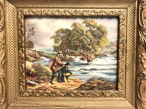 lot 171 image: 2 Antique Ornately Gilt Framed Lithographs - Early Fish & Golf Scenes