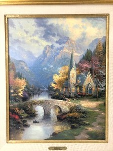 lot 200 image: Framed Signed Numbered THOMAS KINKADE Hand Highlighted Lithograph on Canvas