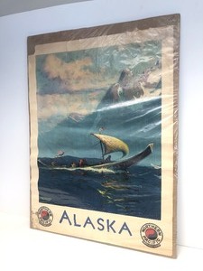 lot 227 image: Large Original 1930s NORTHERN PACIFIC Railway ALASKA Travel Poster - Off To The Potlatch