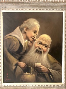 lot 232 image: Excellent Framed Signed Oil on Canvas Elderly Couple by Japanese Artist ARIZU BIZAN