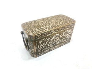 lot 234 image: Early Antique Ornate Brass & Inlaid Silver Betel Nut Box