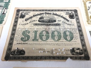 lot 242 image: Collection of Antique Mining Railroad etc Stock Certificates