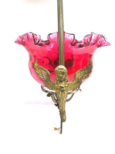 lot 255 image: Antique Hanging Basket Lamp wRuffled Glass Shade