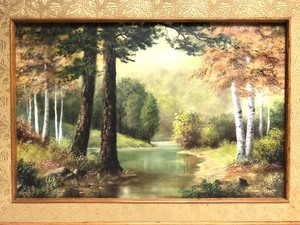 lot 261 image: Framed Signed Vintage 1930s-40s Oil on Board Painting - Herbert Sackett - Mountain Lake, Minn