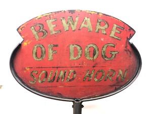 lot 3 image: Awesome Vintage BEWARE OF DOG - SOUND HORN Pennzoil Lollipop Sign wOrig Cast Iron Base & Bracket