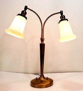 lot 277 image: Art Nouveau Deco Style Double Bell Glass Shade Brass Lamp