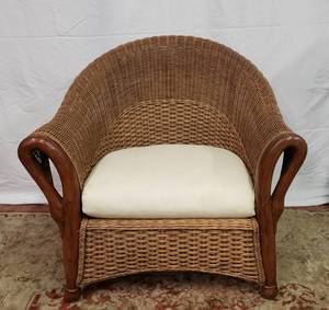 lot 288 image: Mid Century Boho Rattan Duck Carved Armrest Chair And Ottoman