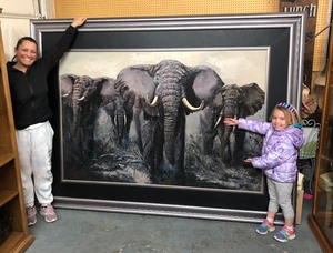 lot 8 image: Monumental HUGE Original Framed Oil on Canvas Painting by Listed Artist Mark King - Elephant Stand