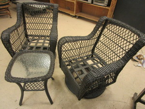 RATTAN-STYLE GLIDER PATIO CHAIRS, TABLE