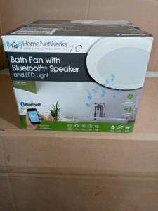 lot 10 image: Decorative White 80 CFM Ceiling Mount Bluetooth Stereo Speaker Bathroom Exhaust Fan with LED Light by Home Netwerks- open box not used