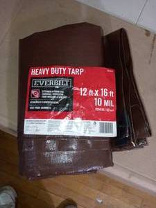 lot 33 image: 12 ft. x 16 ft. Heavy Duty BrownSilver Tarp by Everbilt - open box not used