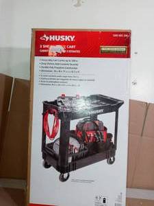 lot 36 image: 2-Tier Plastic 4-Wheeled Service Cart in Black by Husky- open box missing wheels