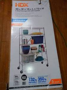 lot 56 image: Chrome Rolling 5-Tier Metal Wire Shelving Unit (48 in. W x 72 in. H x 18 in. D) by HDX- open box not used
