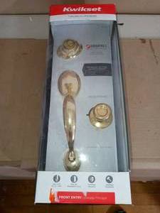 lot 61 image: Dakota Polished Brass Single Cylinder Door Handleset with Tylo Door Knob Featuring SmartKey Security by Kwikset- open box