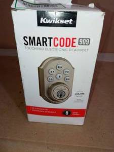 lot 102 image: SmartCode 909 Satin Nickel Single Cylinder Electronic Deadbolt Featuring SmartKey Security by Kwikset- open box not used