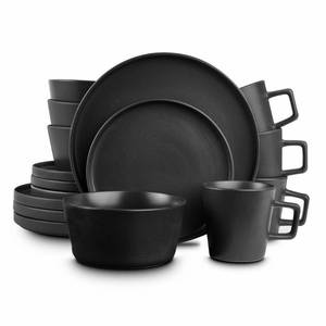 lot 83 image: 16-Piece Modern Black Matte Stoneware Dinnerware Set (Set for 4) by STONE LAIN- open box not used
