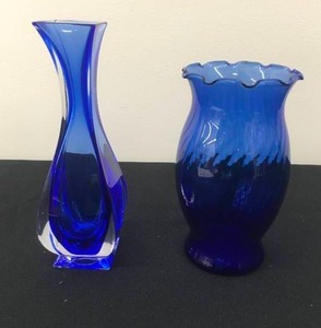 Two Blue Vases Encased in Clear Glass