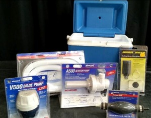 lot 52 image: RUBBERMAID COOLER FULL OF NEW MARINEBOAT ITEMS