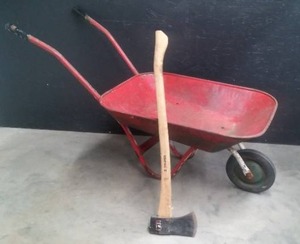 lot 142 image: TRUPER AMERICAN HICKORY AX AND SMALL WHEELBORROW.