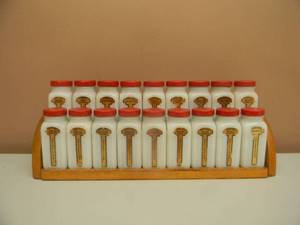 lot 5 image: Vintage Griffiths Set of 18 White Milk Glass Spice Jars with Original Rack - NICE SET - SEE PICTURES