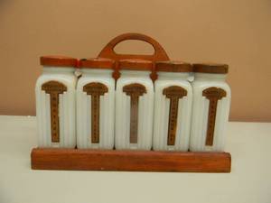 lot 7 image: GRIFFITHS MILK GLASS 10 Spice Jars  Original Rack - Vintage 1950s - SEE PICTURES