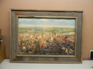 lot 17 image: VINTAGE CUSTOM FRAMED (ANTIQUE BARNWOOD) COWBOY & INDIAN BATTLE ARTWORK - VERY COOL - APPROX 41 BY 30 - SEE PICTURES