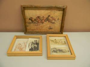 lot 37 image: VINTAGE - Charles M. Russell Print IN CUSTOM VINTAGE FRAME - WESTERN HERITAGE - WITH 4 ORIGINAL VINTAGE POST CARDS, FRAMED - SEE PICTURES