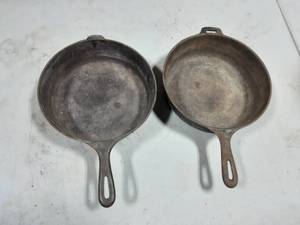 lot 6 image: 2-Cast Iron No. 8 Skillets & 10.5 Chicken Fryer